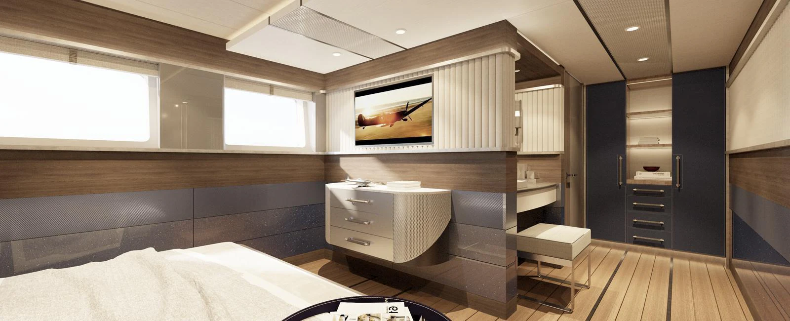 The master stateroom features elegant wood finishes, a modern entertainment system, and ample natural light. aboard SPITFIRE Yacht for Sale