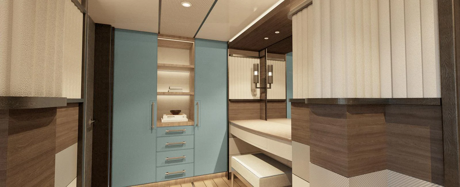 The stateroom features modern design elements with a soothing color palette and ample storage space. aboard SPITFIRE Yacht for Sale