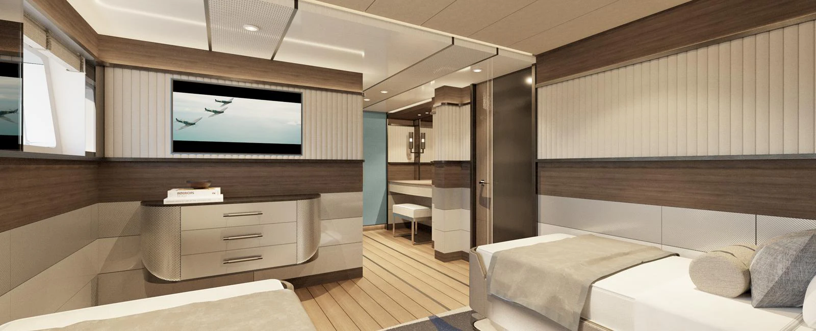 The guest stateroom offers a serene and stylish retreat with modern furnishings and ample space. aboard SPITFIRE Yacht for Sale