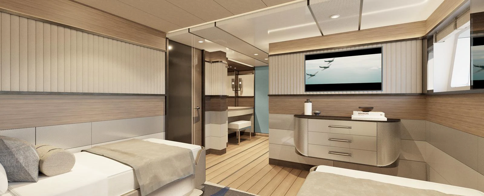 The guest stateroom offers a serene and modern retreat with twin beds and elegant decor. aboard SPITFIRE Yacht for Sale