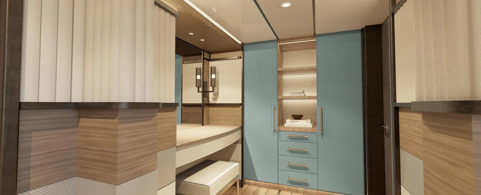 A modern stateroom featuring a blend of wood and blue accents with ample storage space. aboard SPITFIRE Yacht for Sale