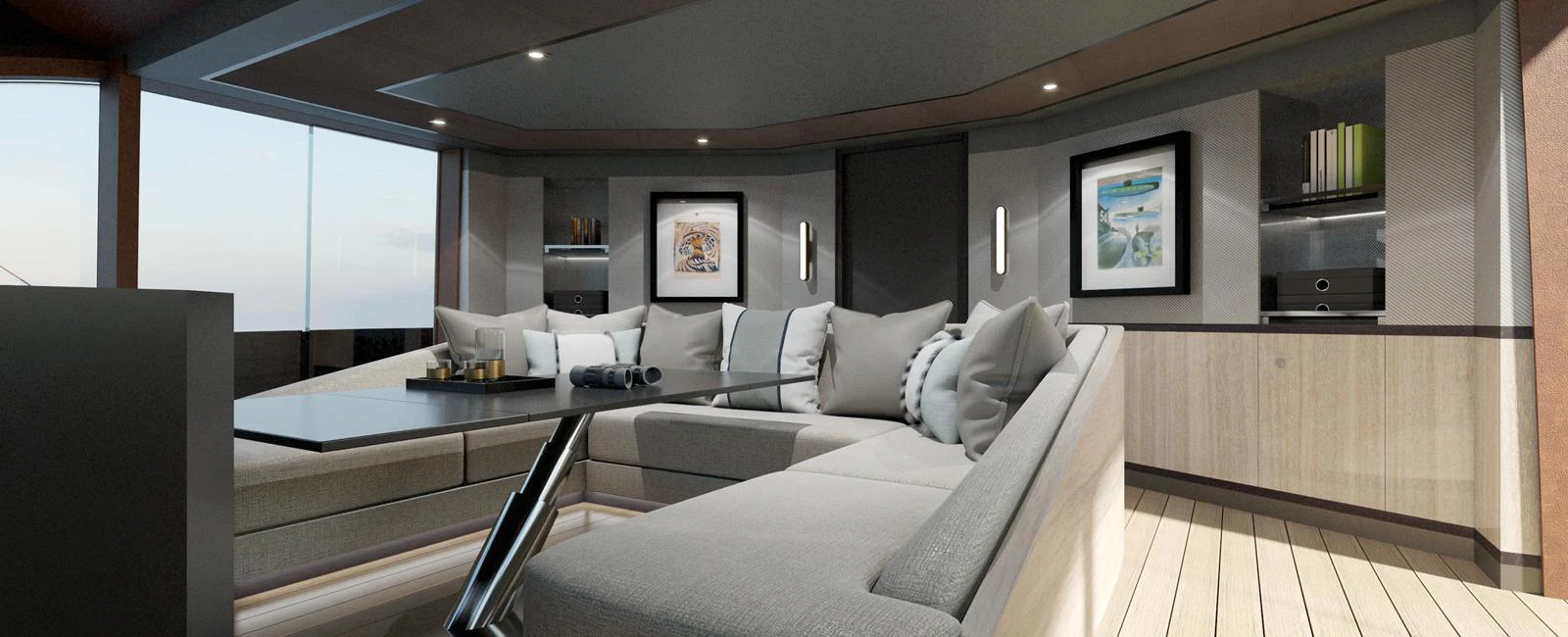 The yacht's salon features a modern and spacious seating area with elegant decor. aboard SPITFIRE Yacht for Sale