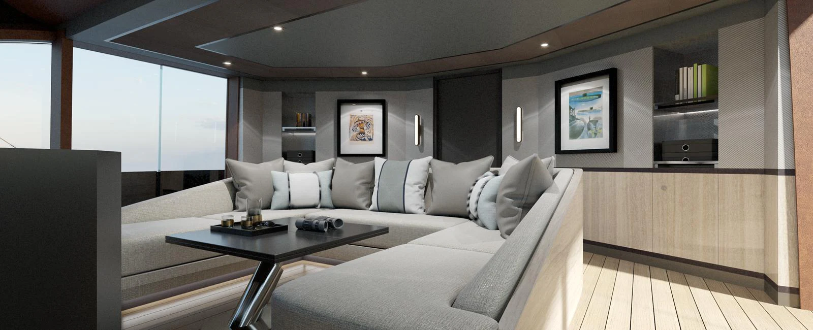 The salon features a modern, spacious seating area with elegant decor and natural light. aboard SPITFIRE Yacht for Sale