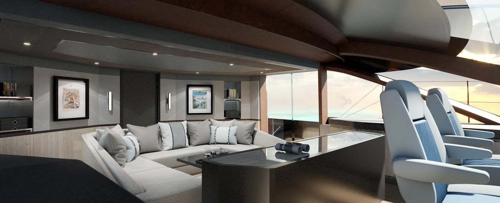 The yacht's salon offers a luxurious and spacious seating area with modern decor and panoramic views. aboard SPITFIRE Yacht for Sale