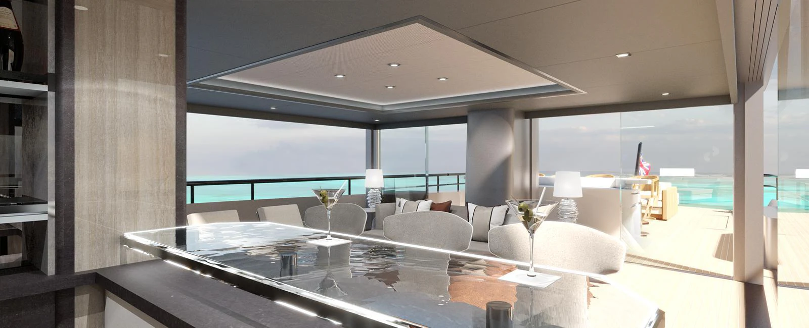 The salon offers a luxurious and spacious area with modern furnishings and panoramic views. aboard SPITFIRE Yacht for Sale
