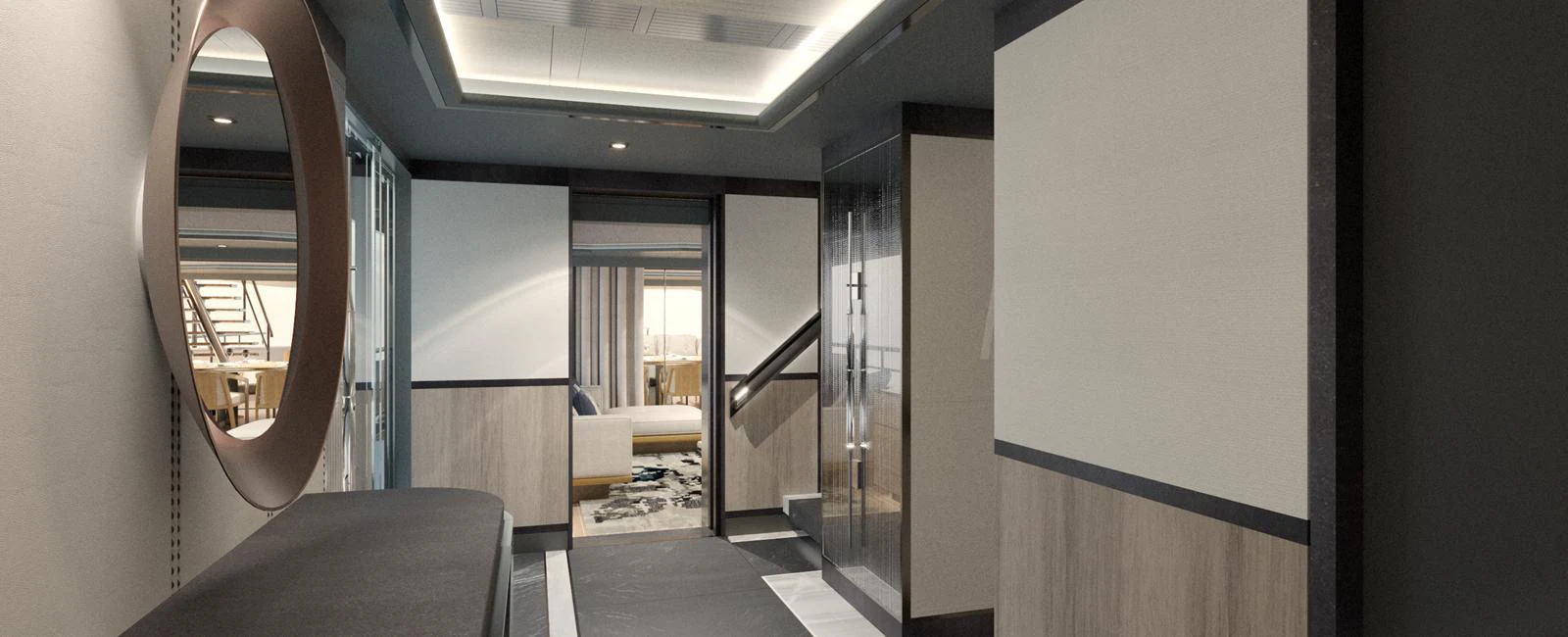 A modern and spacious interior hallway with sleek design elements. aboard SPITFIRE Yacht for Sale
