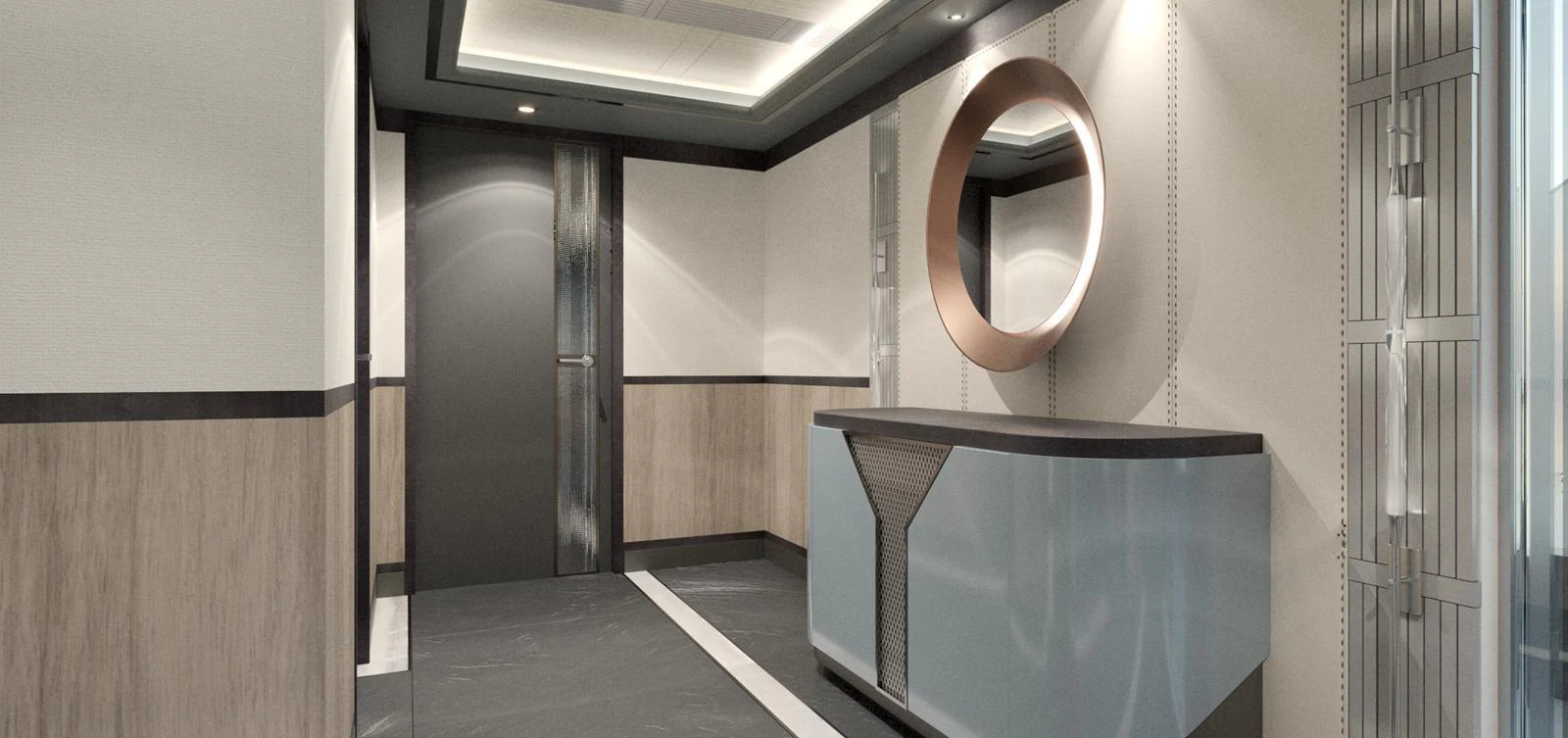 A modern and elegant interior hallway with sleek design elements. aboard SPITFIRE Yacht for Sale