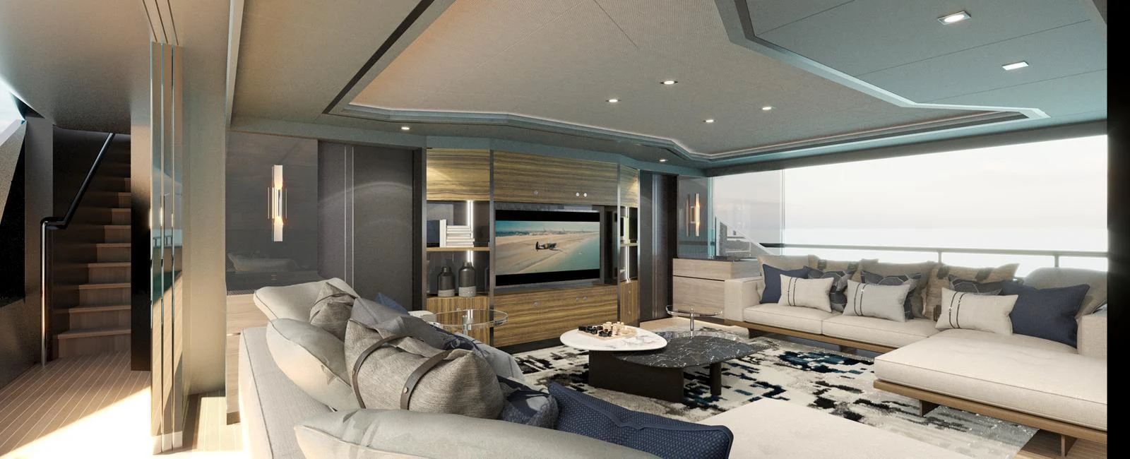 The salon offers a spacious and luxurious seating area with modern decor and ample natural light. aboard SPITFIRE Yacht for Sale