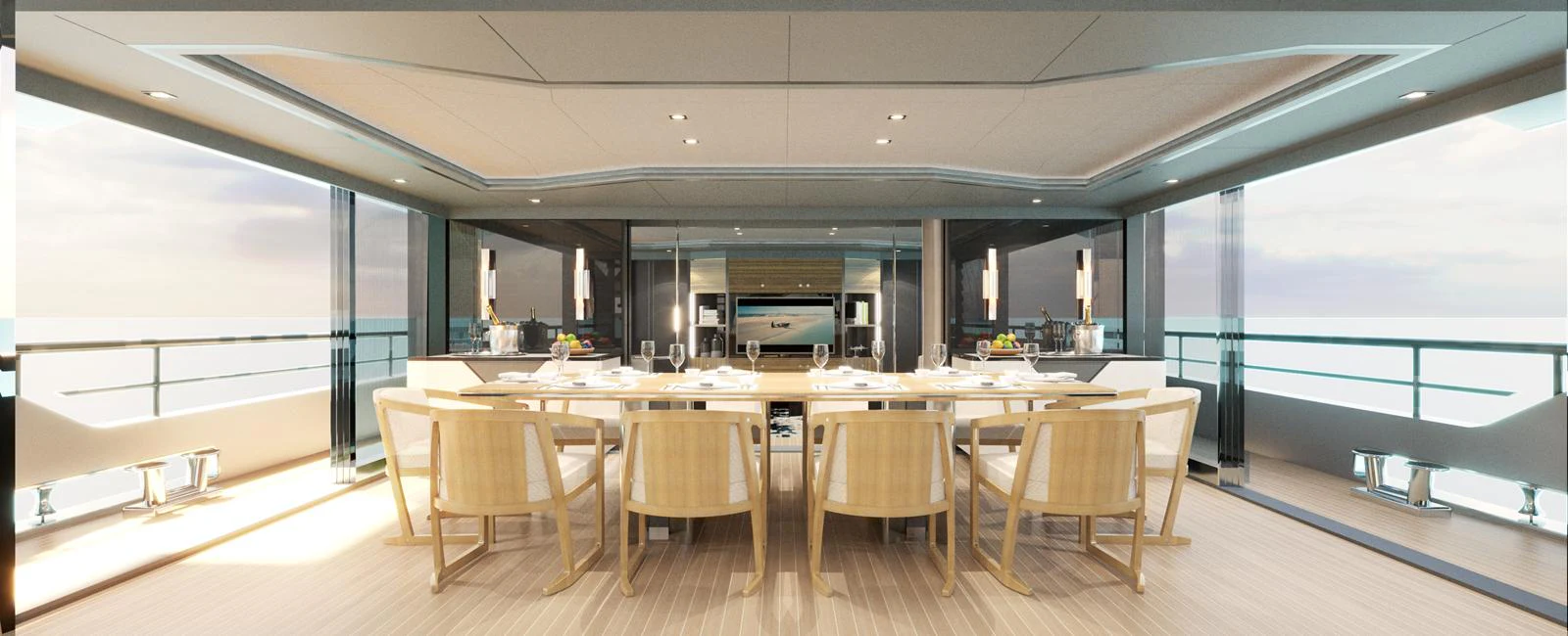 The yacht's dining area features a spacious and elegant setup with panoramic ocean views. aboard SPITFIRE Yacht for Sale
