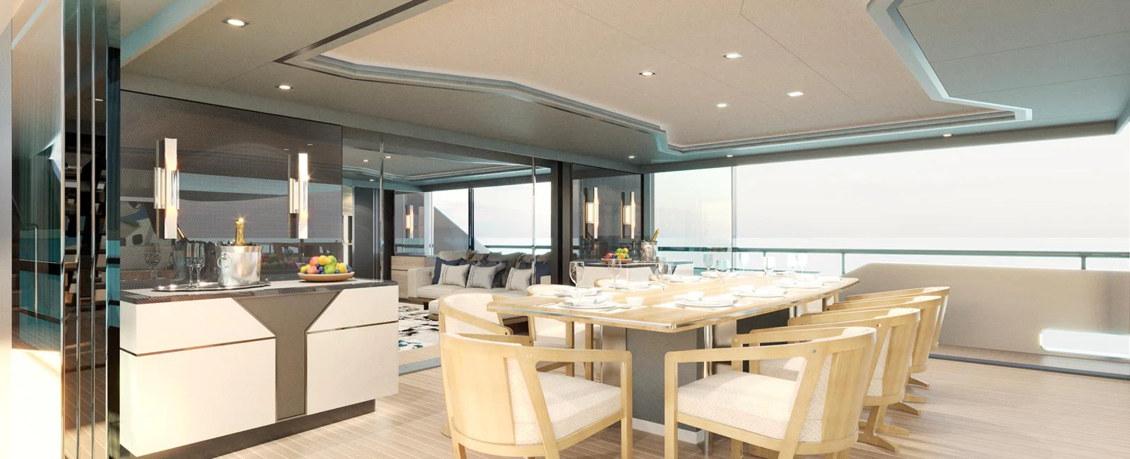 The yacht's dining area features a modern design with ample seating and elegant lighting. aboard SPITFIRE Yacht for Sale