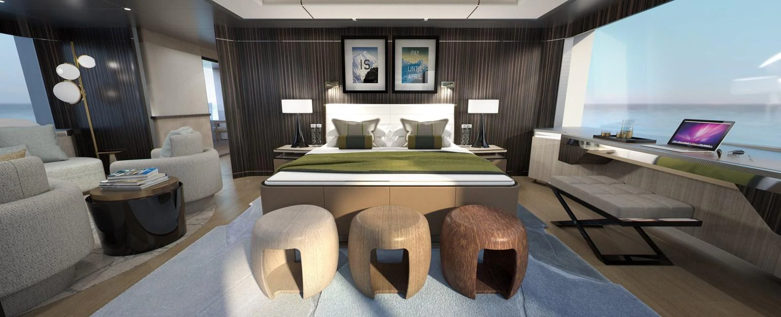 The master stateroom features a luxurious bed, modern furnishings, and a stunning ocean view. aboard SPITFIRE Yacht for Sale