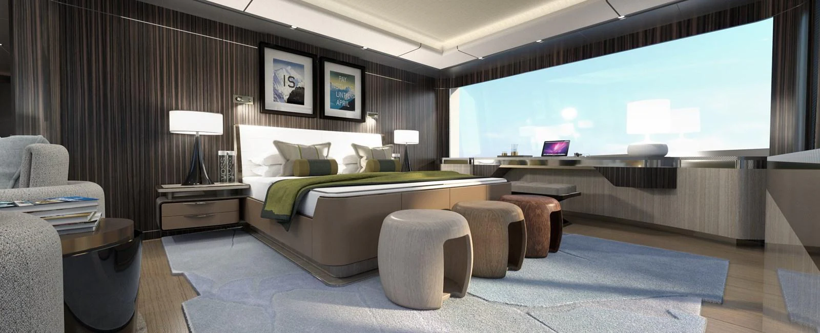 The master stateroom features a luxurious bed, modern decor, and a large window offering stunning views. aboard SPITFIRE Yacht for Sale