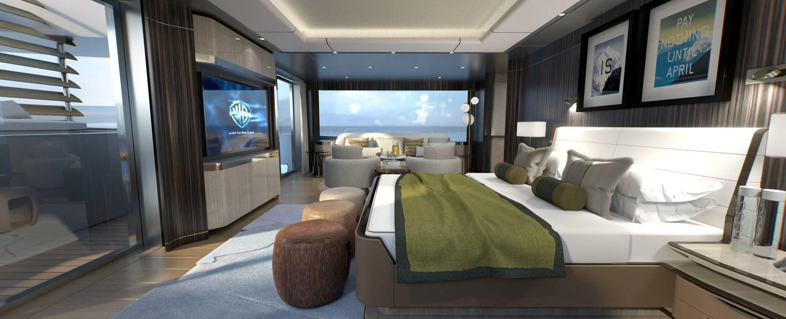 The master stateroom exudes luxury with its spacious layout, modern furnishings, and expansive ocean views. aboard SPITFIRE Yacht for Sale