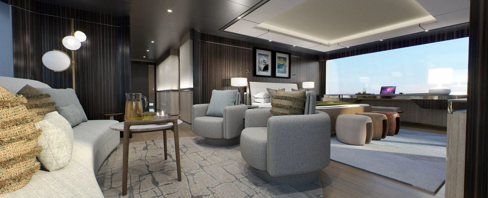 The yacht's interior features a spacious and elegantly designed living area with modern furnishings and ample natural light. aboard SPITFIRE Yacht for Sale