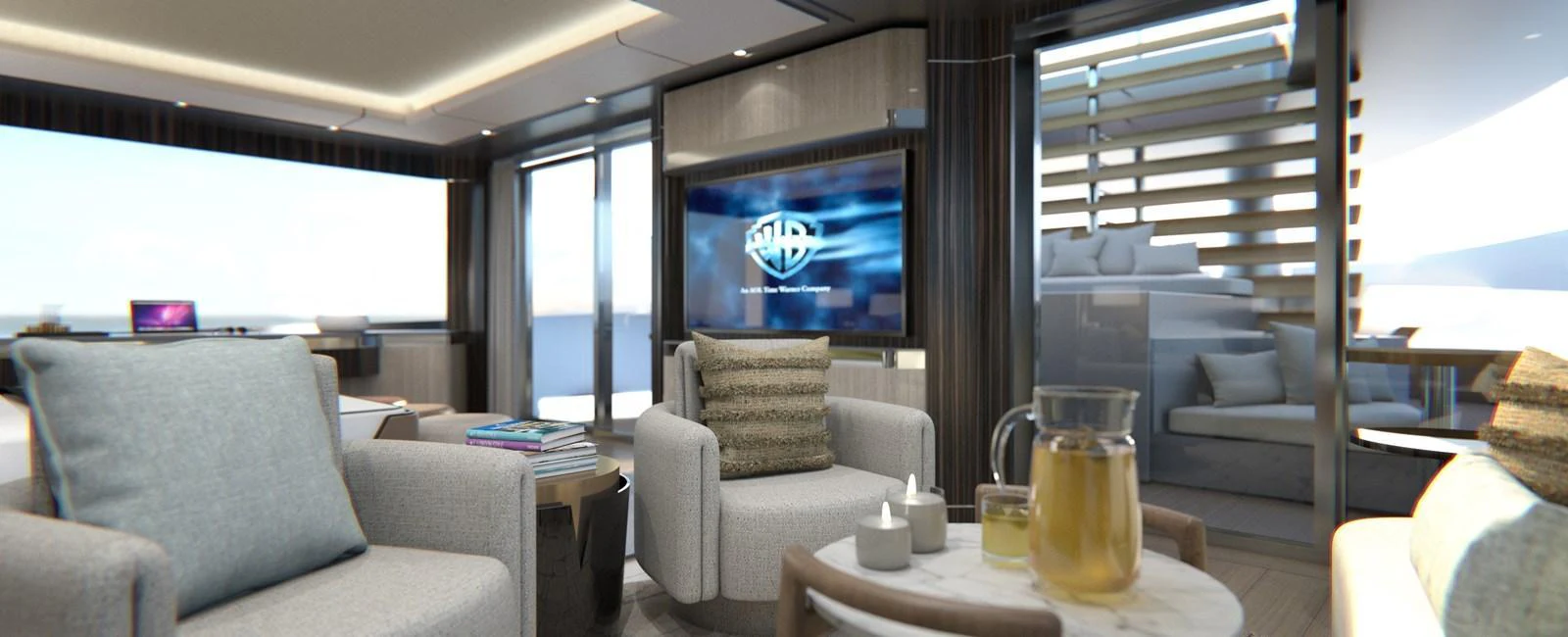 The luxurious interior features a comfortable seating area with modern amenities and a large TV screen. aboard SPITFIRE Yacht for Sale