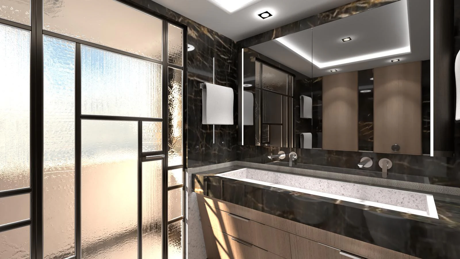 The yacht's bathroom features a sleek, modern design with luxurious finishes and ample lighting. aboard SPITFIRE Yacht for Sale
