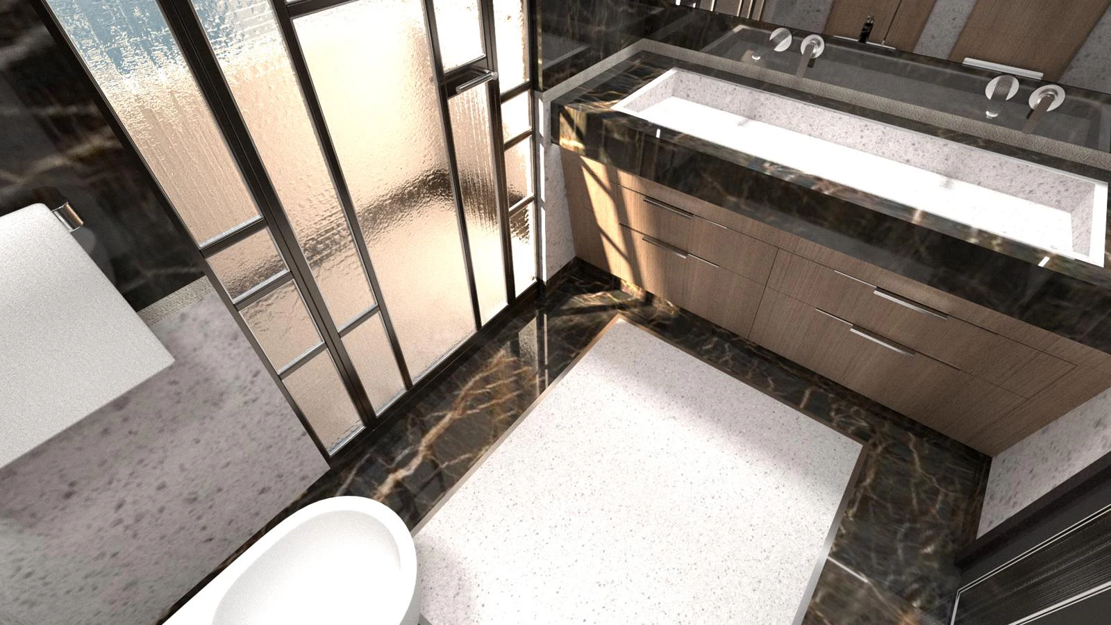 The yacht's bathroom features a sleek design with modern fixtures and luxurious materials. aboard SPITFIRE Yacht for Sale