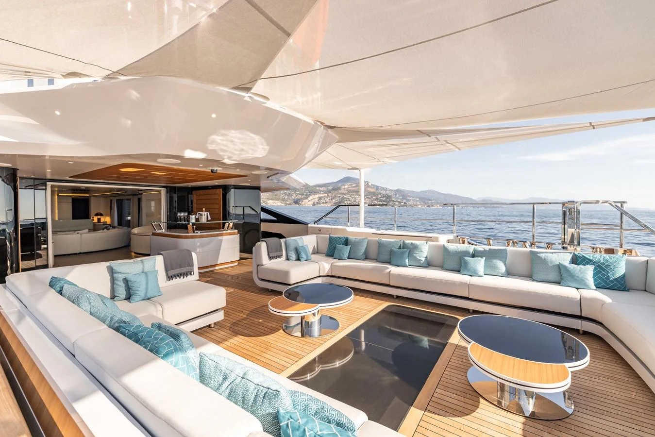 a large living room with a large balcony aboard FELICITA Yacht for Sale