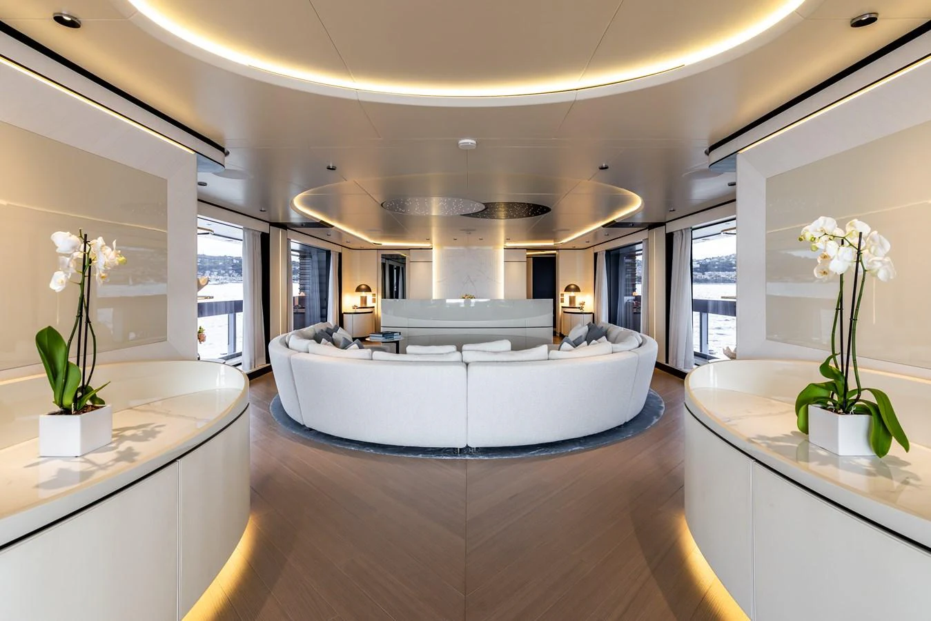 a large modern looking living room aboard FELICITA Yacht for Sale