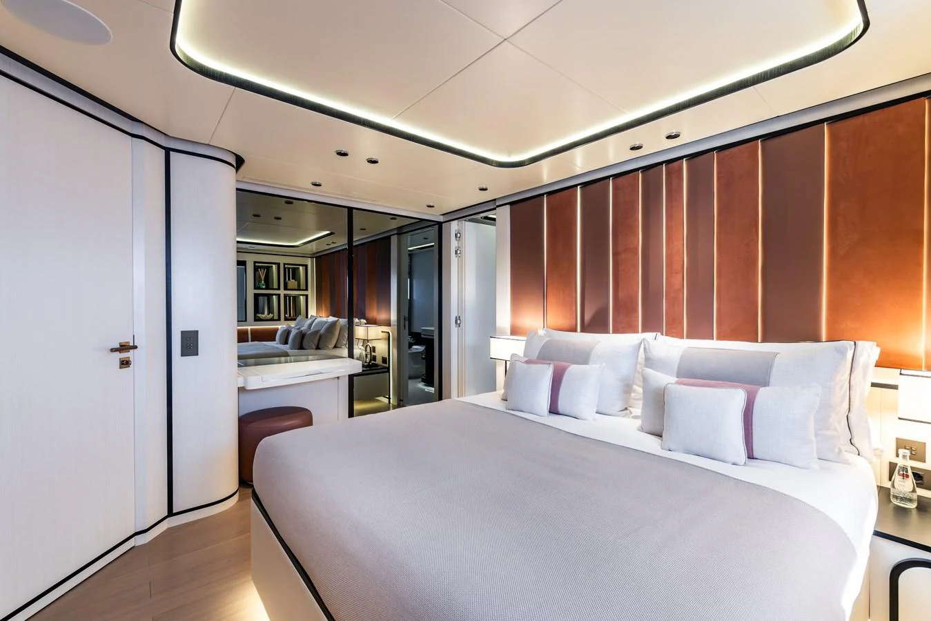 a bed in a room aboard FELICITA Yacht for Sale