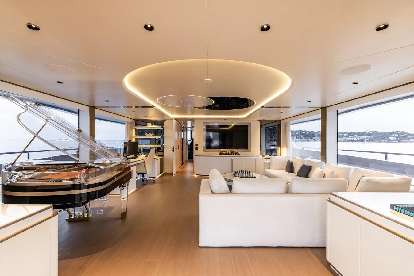 a modern looking living room aboard FELICITA Yacht for Sale