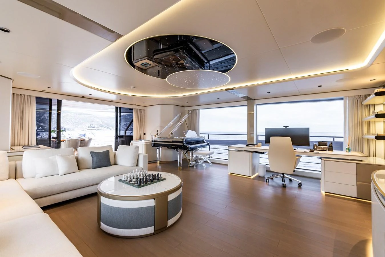 a modern looking living room aboard FELICITA Yacht for Sale