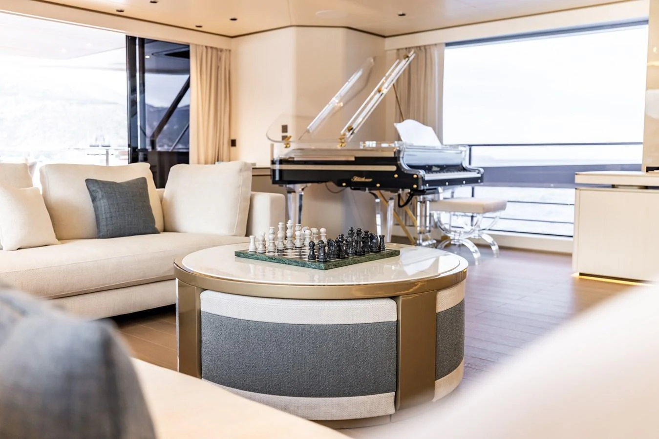 a piano in a room aboard FELICITA Yacht for Sale