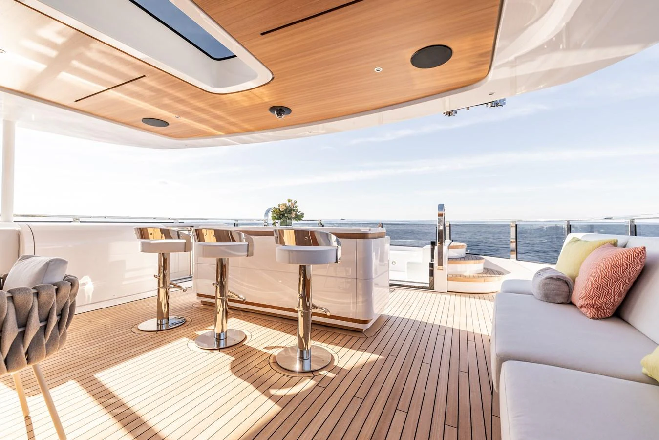 a large living room with a large balcony aboard FELICITA Yacht for Sale