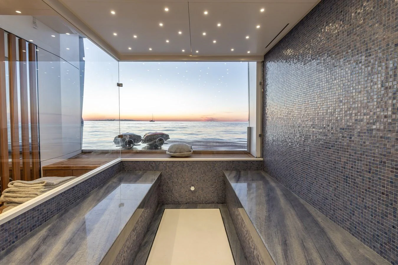 a large bathroom with a large window aboard FELICITA Yacht for Sale