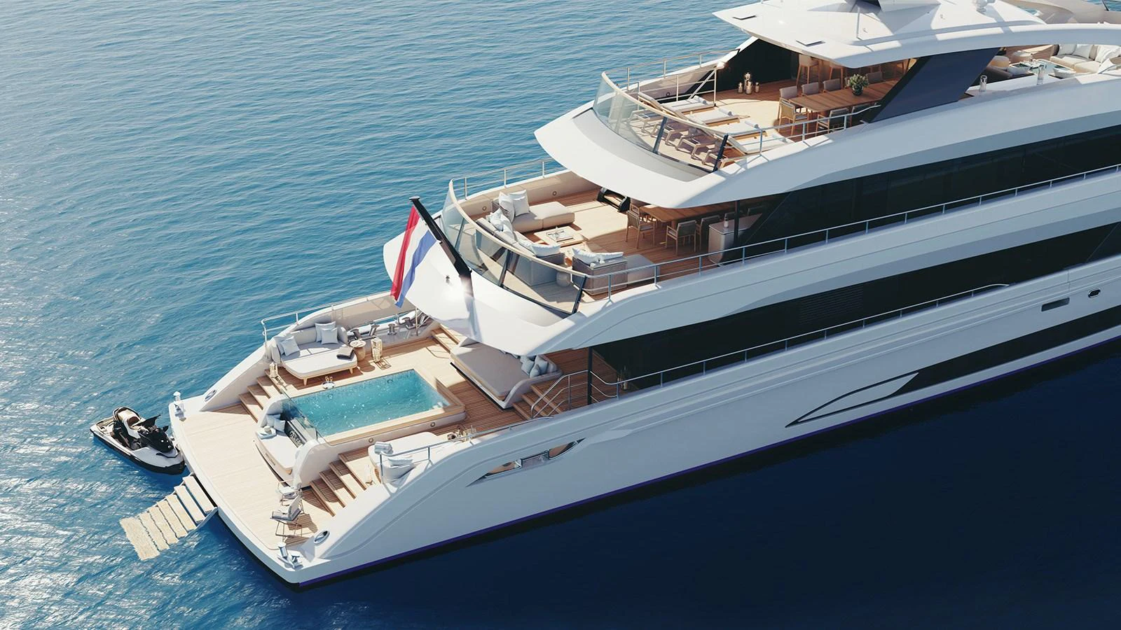 A luxurious yacht with multiple decks, a pool, and a tender in the water. aboard HEESEN 50M DISPLACEMENT STEEL ALUMINIUM YN 21350  GRACE Yacht for Sale