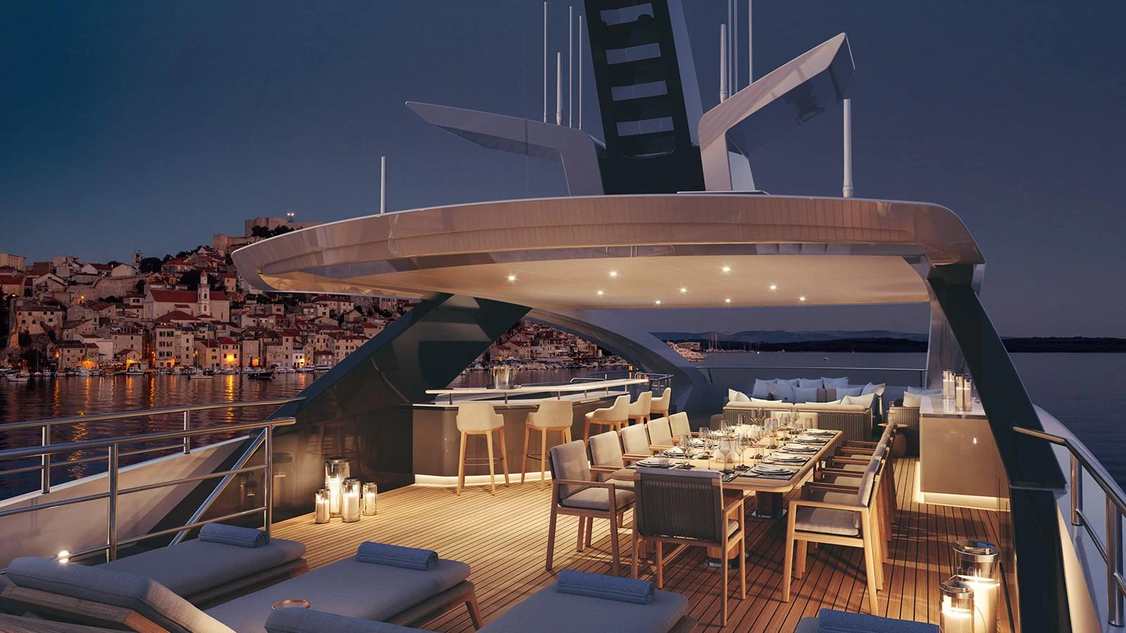 The sundeck offers an elegant dining and lounging area with ambient evening lighting. aboard HEESEN 50M DISPLACEMENT STEEL ALUMINIUM YN 21350  GRACE Yacht for Sale