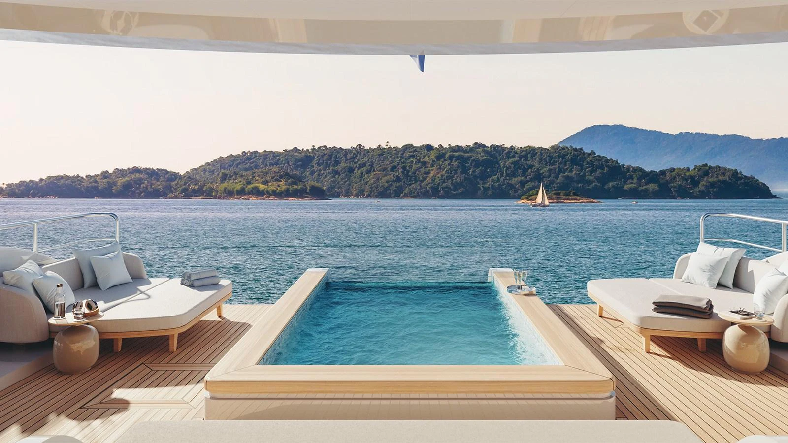 The aft deck features a luxurious pool with stunning ocean views, surrounded by comfortable lounging areas. aboard HEESEN 50M DISPLACEMENT STEEL ALUMINIUM YN 21350  GRACE Yacht for Sale