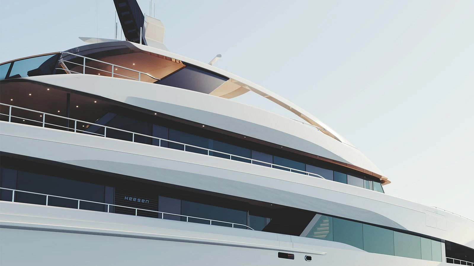 A sleek and modern yacht with clean lines and expansive windows, showcasing contemporary design. aboard HEESEN 50M DISPLACEMENT STEEL ALUMINIUM YN 21350  GRACE Yacht for Sale