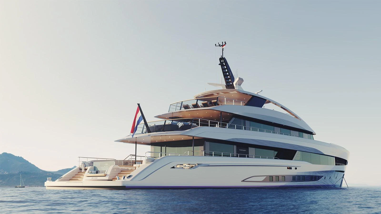 A sleek and modern yacht with multiple decks cruising on calm waters. aboard HEESEN 50M DISPLACEMENT STEEL ALUMINIUM YN 21350  GRACE Yacht for Sale