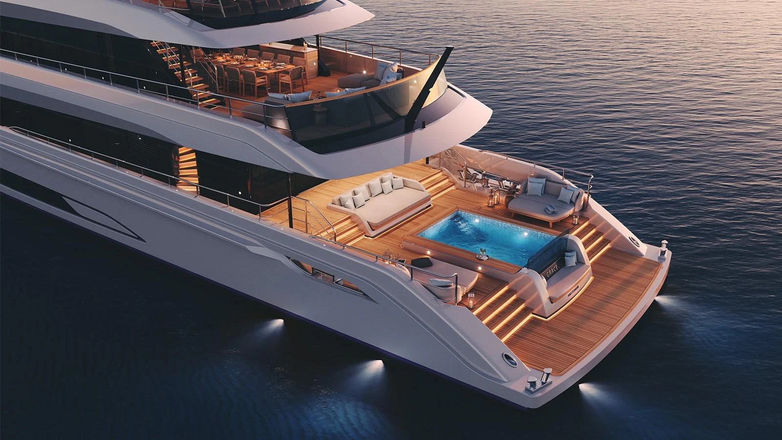 The yacht's aft deck features a luxurious pool and ample lounging areas, perfect for relaxation. aboard HEESEN 50M DISPLACEMENT STEEL ALUMINIUM YN 21350  GRACE Yacht for Sale