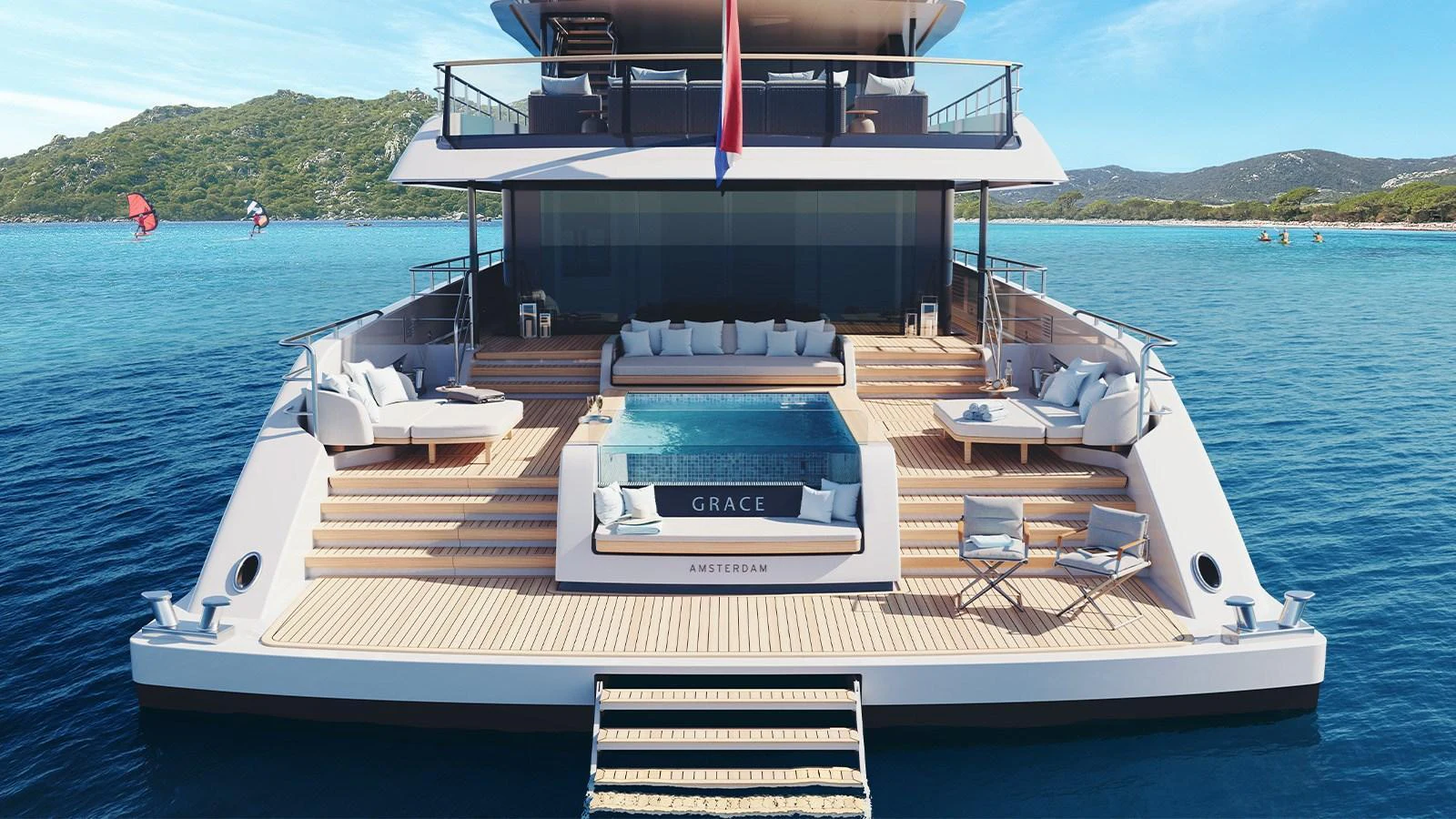 The yacht's aft deck features an inviting lounge area with a central jacuzzi, perfect for relaxation. aboard HEESEN 50M DISPLACEMENT STEEL ALUMINIUM YN 21350  GRACE Yacht for Sale