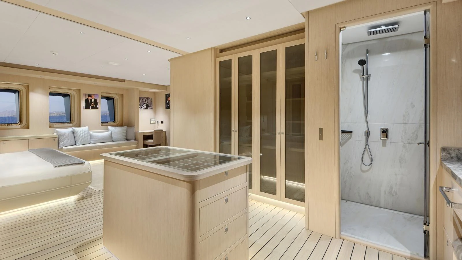 The master stateroom features a spacious layout with a luxurious ensuite bathroom and ample storage. aboard ALL ABOUT U Yacht for Sale