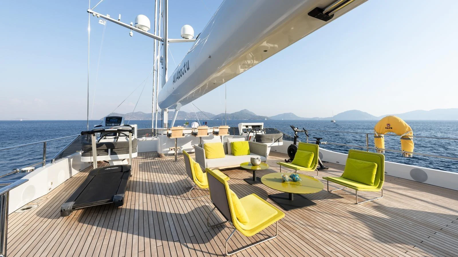 The sundeck offers a spacious and stylish area for relaxation with modern seating and panoramic ocean views. aboard ALL ABOUT U Yacht for Sale