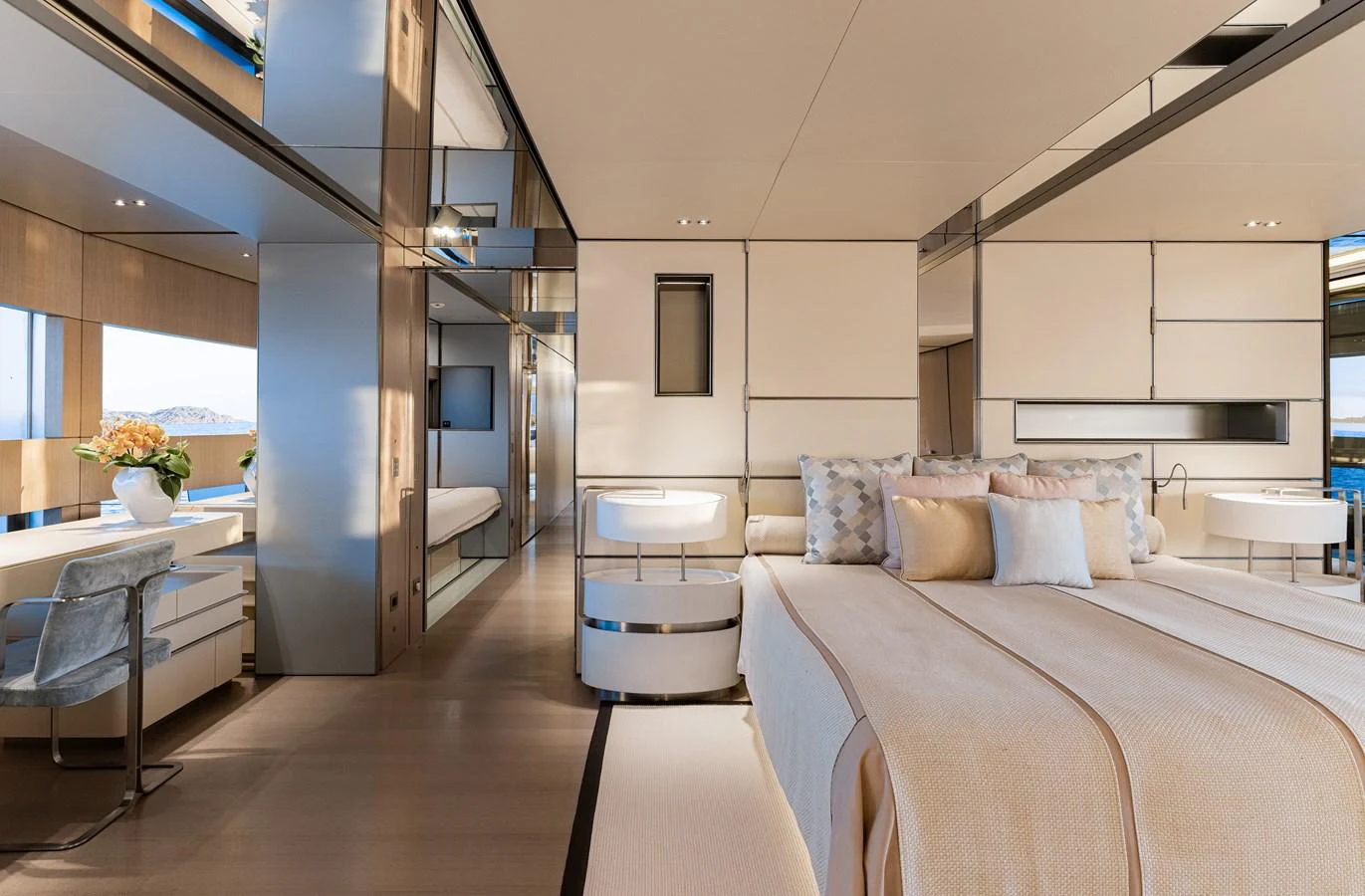 The master stateroom exudes luxury with its spacious layout and elegant decor. aboard FLYING DAGGER III Yacht for Sale