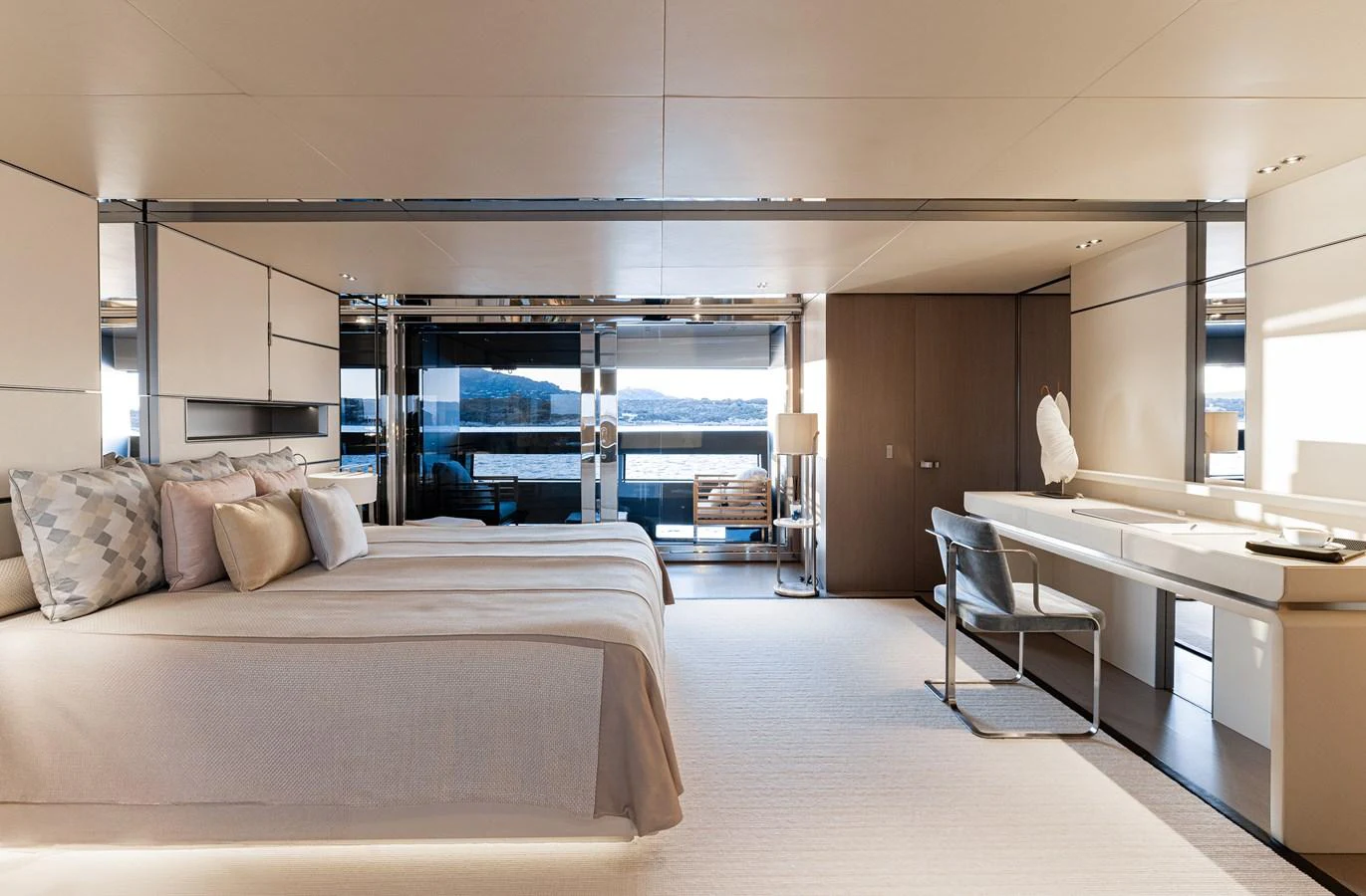 The master stateroom offers a spacious and luxurious retreat with elegant furnishings and stunning views. aboard FLYING DAGGER III Yacht for Sale