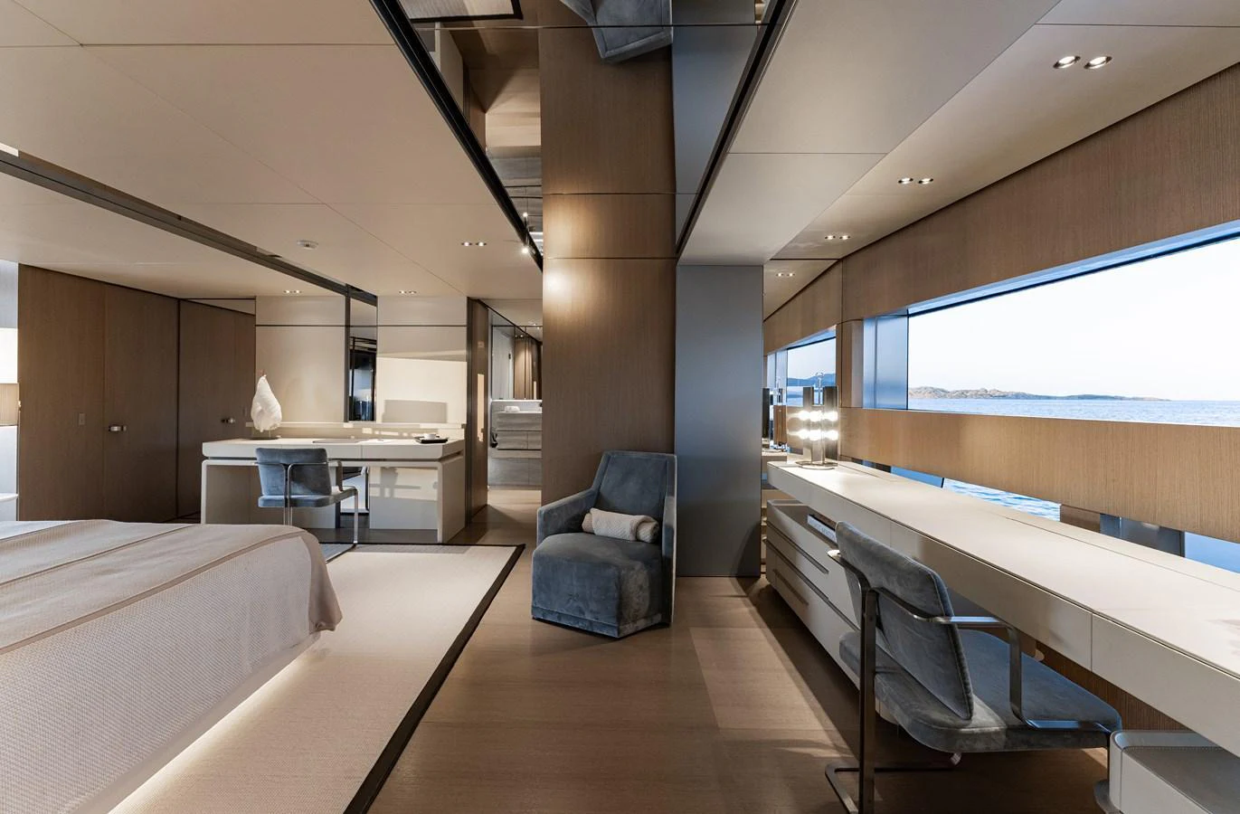 The master stateroom offers a luxurious and spacious retreat with modern furnishings and panoramic views. aboard FLYING DAGGER III Yacht for Sale