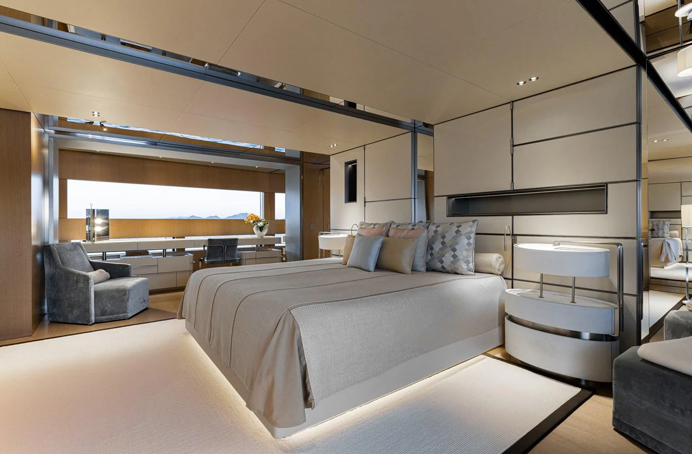 The master stateroom offers a spacious and luxurious retreat with modern furnishings and ample natural light. aboard FLYING DAGGER III Yacht for Sale