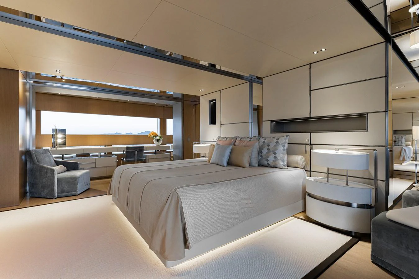 The master stateroom features elegant furnishings and ample natural light. aboard FLYING DAGGER III Yacht for Sale