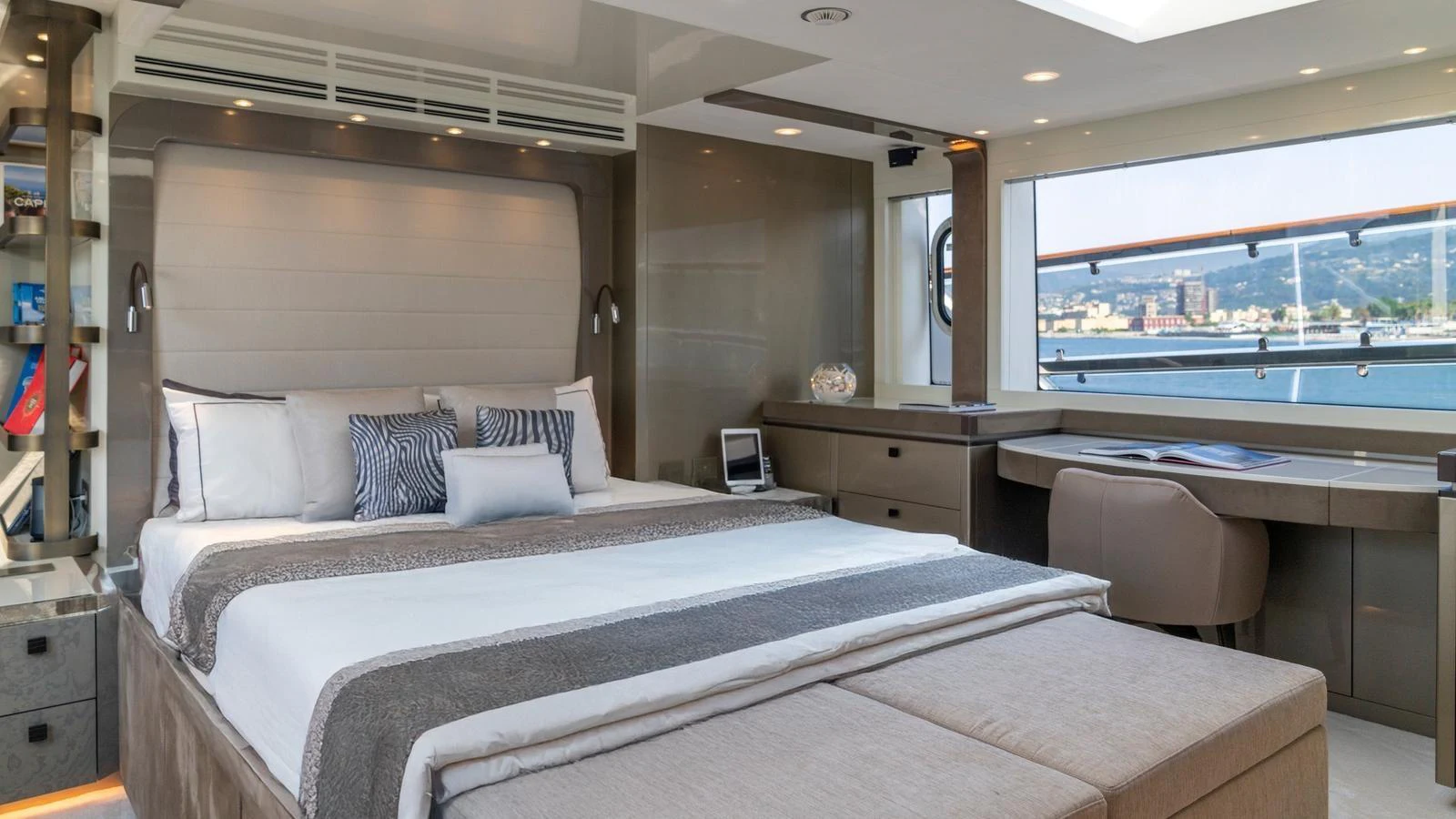 The master stateroom offers a luxurious and spacious retreat with panoramic views. aboard VIVALDI Yacht for Sale