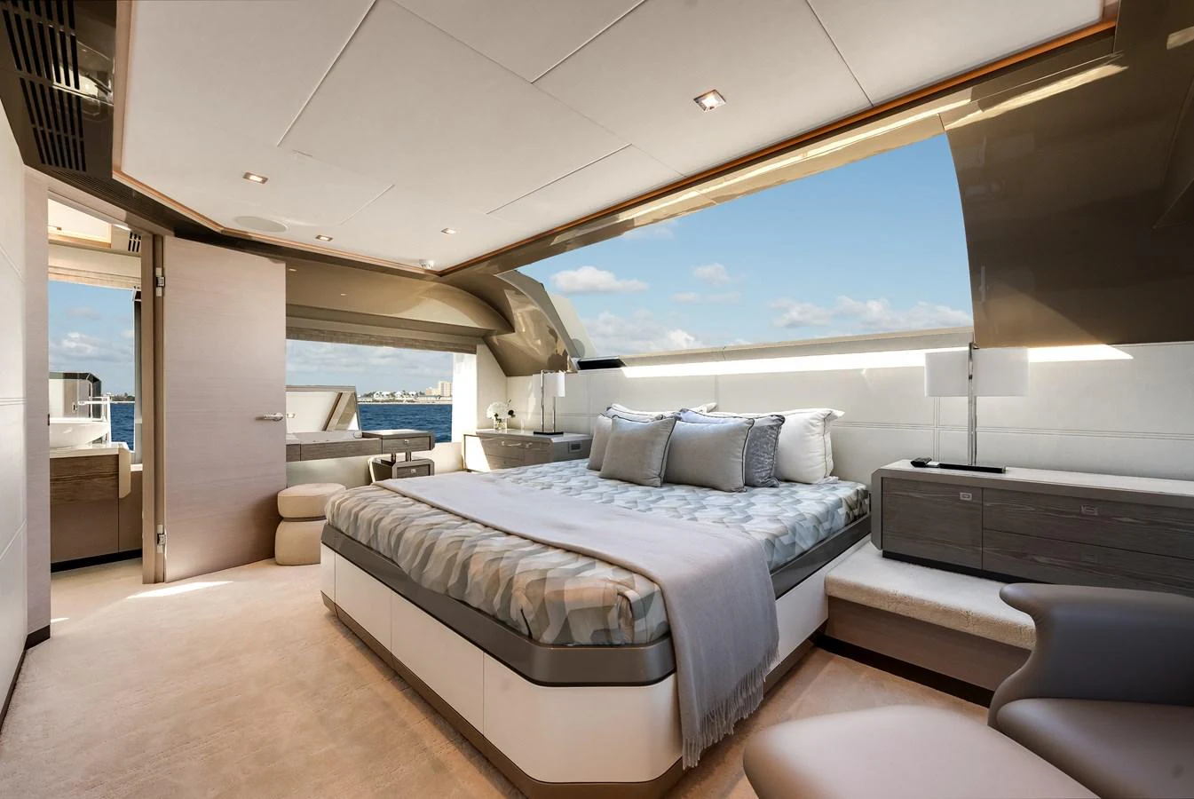 The master stateroom offers a luxurious and spacious retreat with a stunning view of the sea. aboard CHAOS Yacht for Sale
