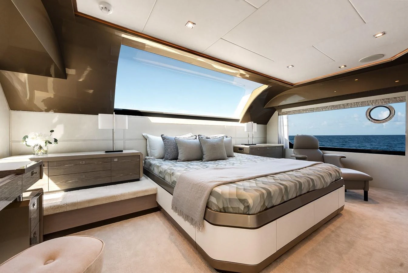 The master stateroom offers a luxurious and spacious retreat with a large bed and panoramic ocean views. aboard CHAOS Yacht for Sale