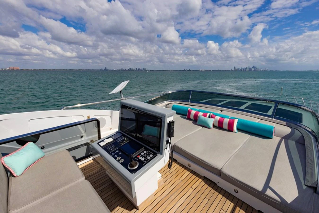 The flybridge offers a spacious lounging area with plush seating and panoramic views of the sea. aboard SAYONARA Yacht for Sale