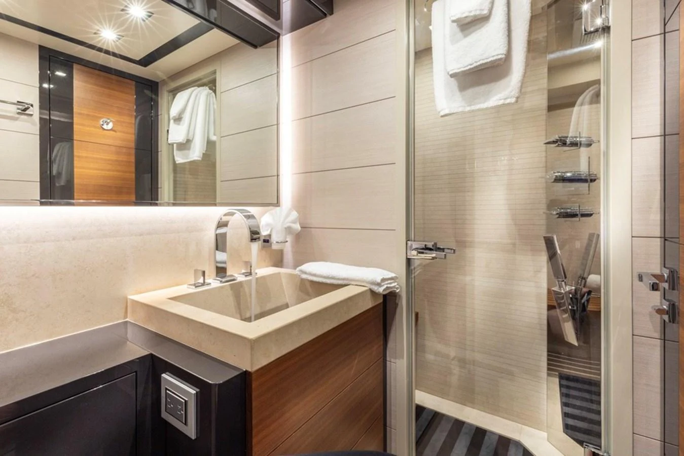 The yacht's bathroom features modern fixtures and a sleek design. aboard SAYONARA Yacht for Sale