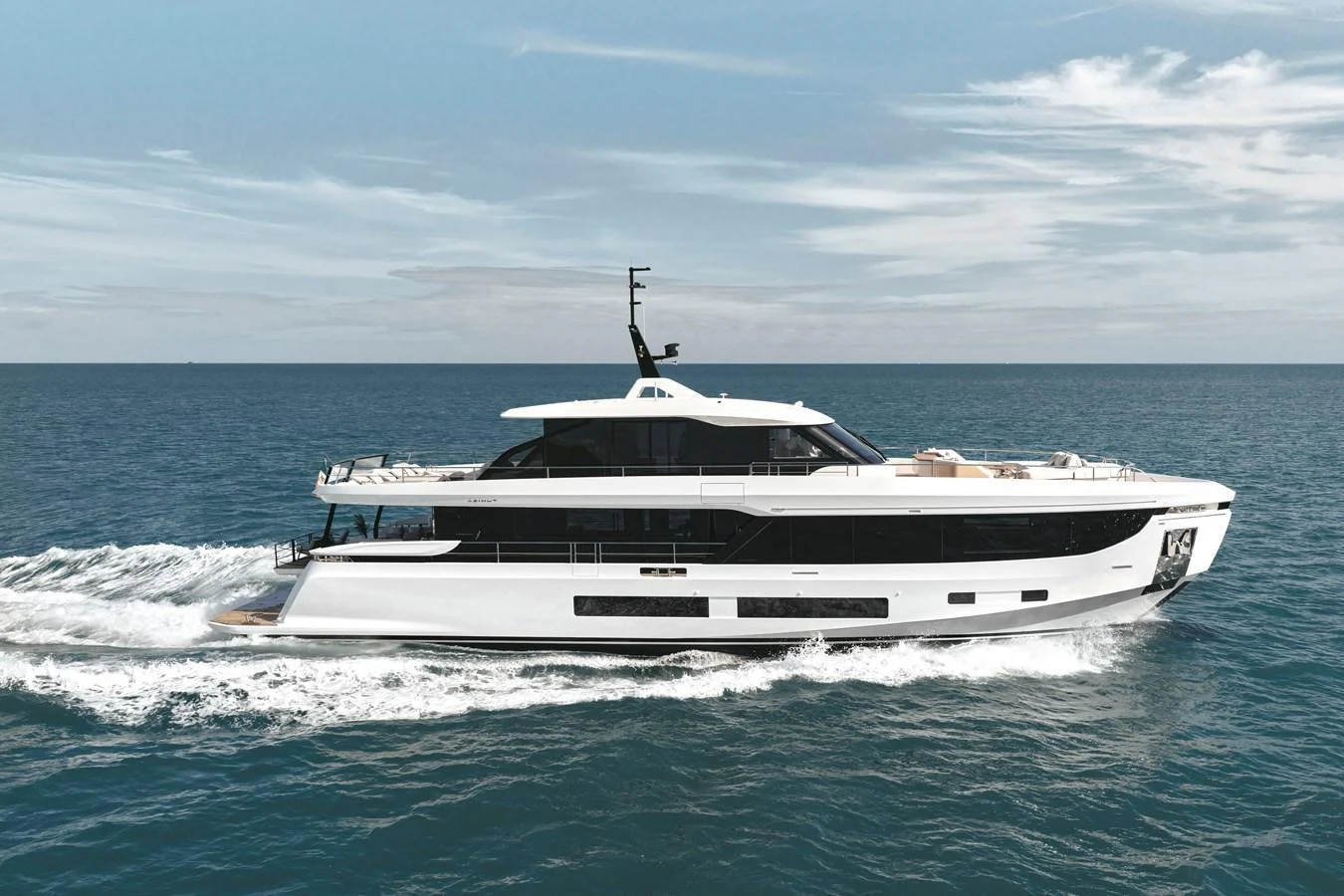 A sleek and modern yacht glides effortlessly across the open sea. aboard AZIMUT GRANDE 30M NEW Yacht for Sale