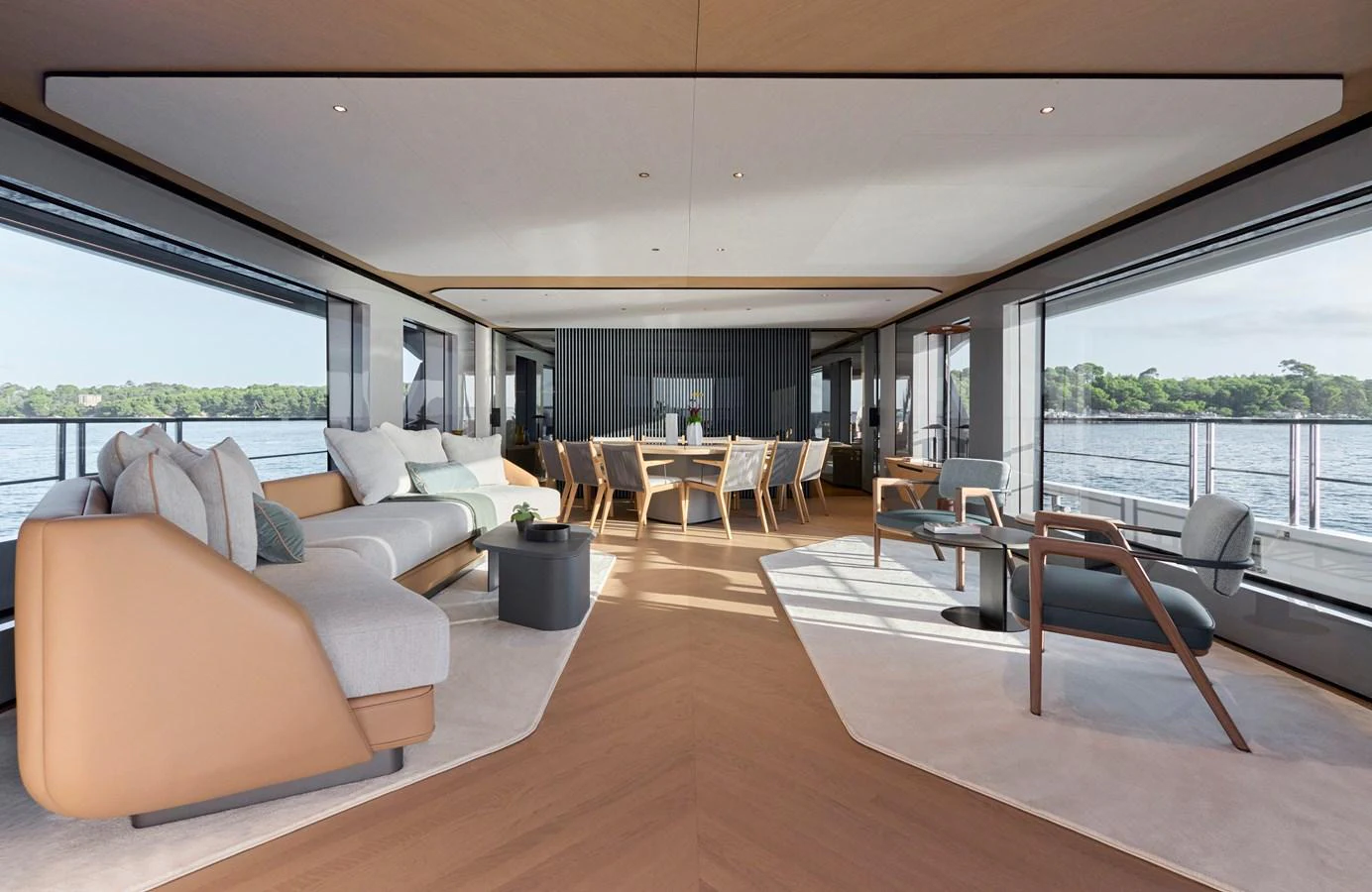 The spacious salon features modern furnishings with panoramic windows offering stunning views. aboard AZIMUT GRANDE 30M NEW Yacht for Sale